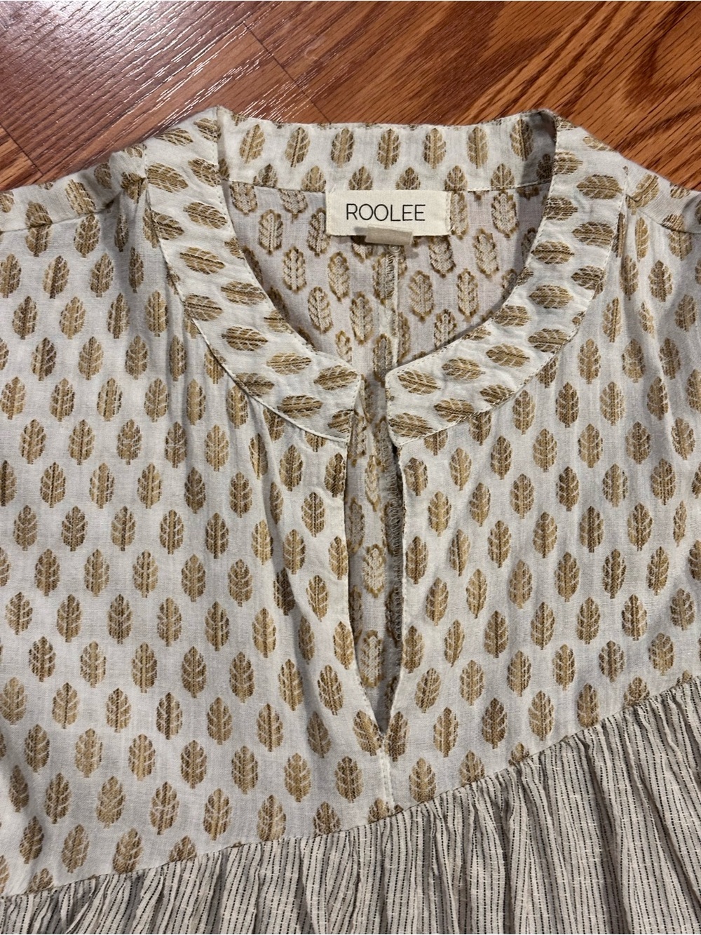 Roolee Cotton Cream with stripes and leaf Print Tiered Peasant Blouse size M - Picture 4 of 11
